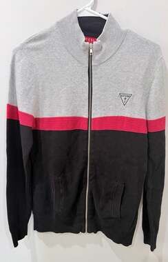 Guess Mens Full Zip Colorblock Sweater Grey Black Red